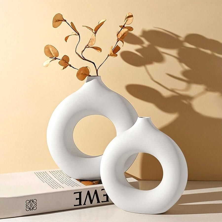 Woonkamer decoratie Donut Vaas Witte Donut Keramische Vaas Set van 2 voor Modern Huisdecoratie Ronde Matte Vazen voor Pampasgras Boho Vazen voor Decoratie van Woonkamer Slaapkamer Eettafel(Medium + Klein)