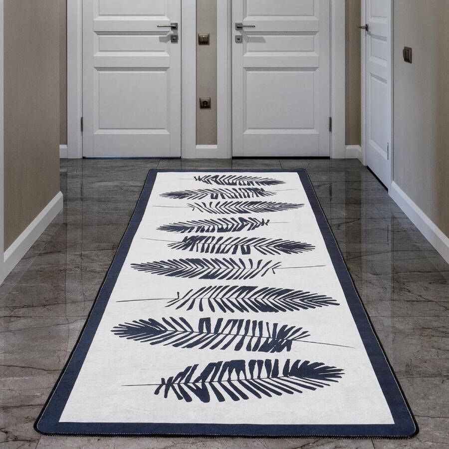 Woonkamer tapijt laagpolig modern geometrisch antislip vloertapijt gel loper zwart-wit (Hoja 80 x 300 cm)