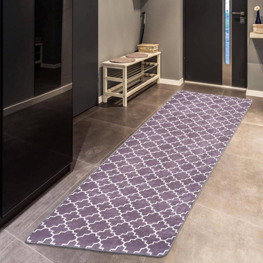 Woonkamer tapijt laagpolig modern geometrisch antislip vloertapijt gel loper zwart-wit (Smoked 80 x 200 cm)