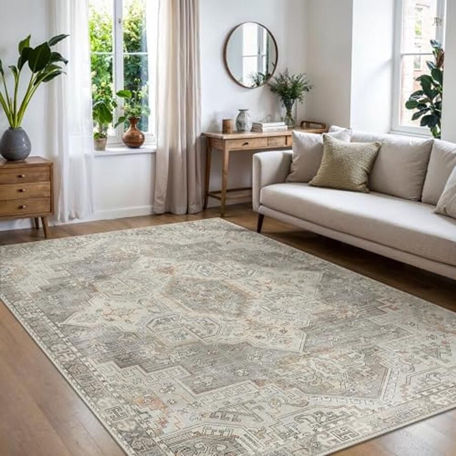 Woonkamer Vloerkleed 160x230cm Antislip Wasbaar Tapijt voor Keuken Slaapkamer en Kantoor Groot Vintage Vloerkleed in Grijs