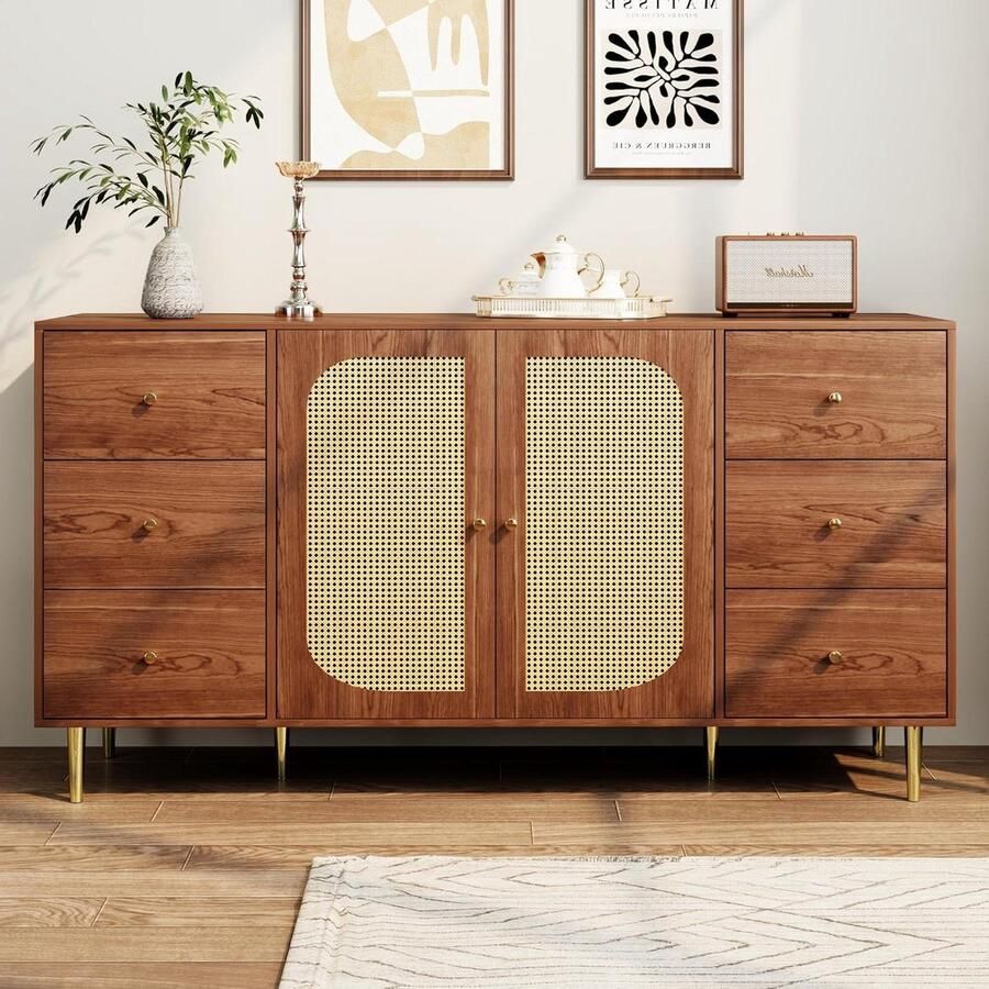 Merlooks Dressoir rotan dressoir opbergkast met lade onafhankelijke houten kast keuken huis woonkamer bruin 160 x 40 x 90 cm - Foto 3
