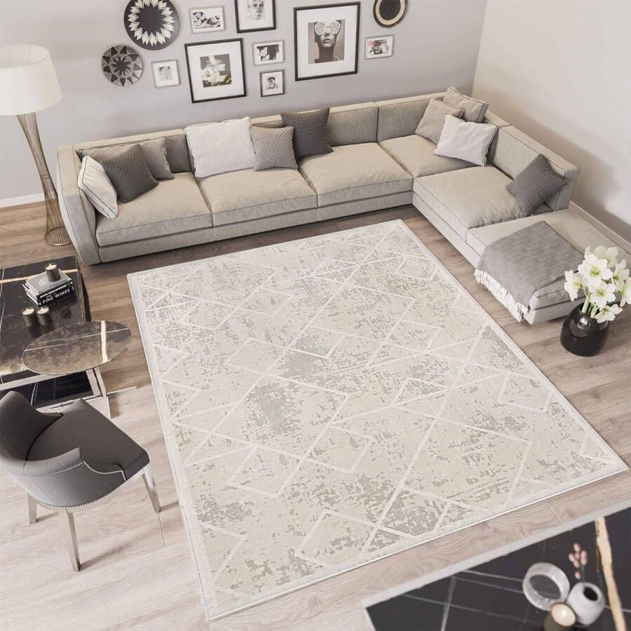 Woonkamertapijt abstract laagpolig tapijt Boheems modern vloerkleed voor woonkamer geometrisch groot tapijt slaapkamer zacht antislip tapijt (ivoorwit 160 x 200 cm)
