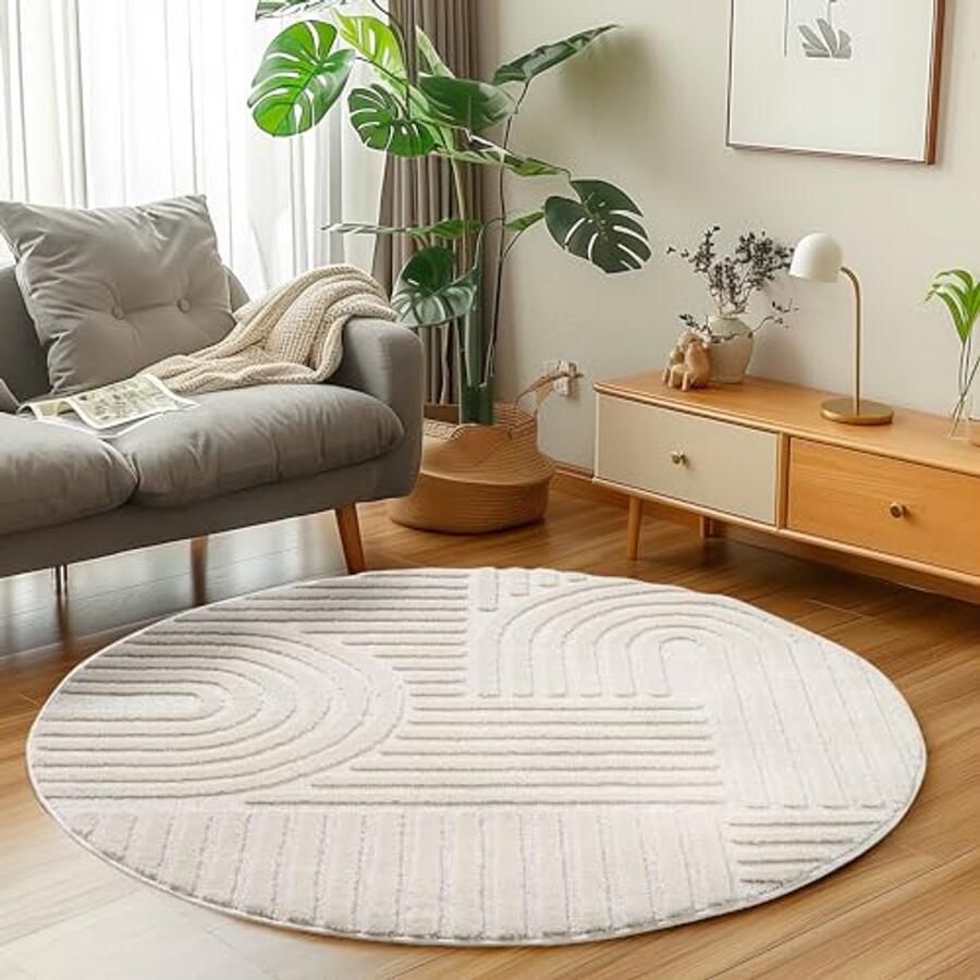 Woonkamertapijt in Scandinavische Bohemian Stijl Hoog-Laag Effect Onderhoudsvriendelijk Vloerkleed 200 cm Ronde Cream