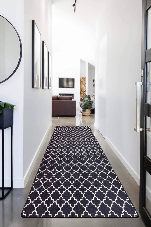 Woonkamertapijt laagpolig modern geometrisch antislip vloer hal tapijt gel loper zwart-wit (zwart 100 x 300 cm)