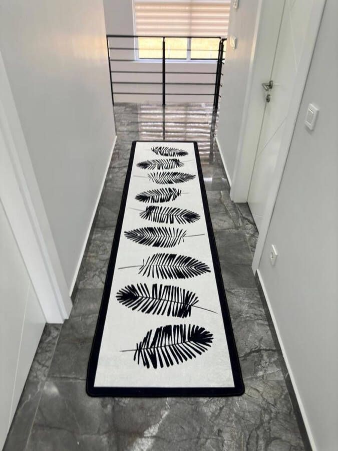 Woonkamertapijt laagpolig modern geometrisch antislip vloerkleed gangtapijt gelloper zwart wit (Hoja 80 x 300 cm)