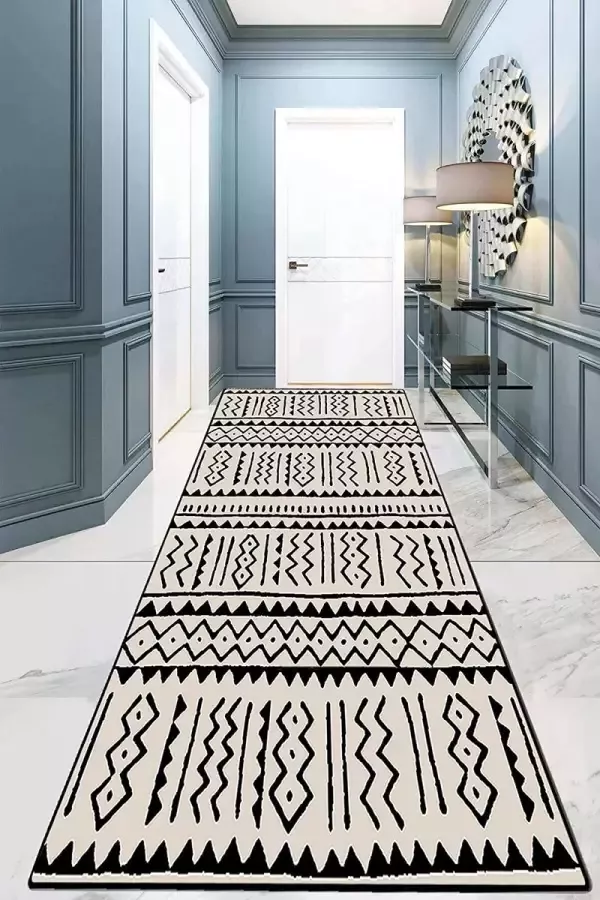 Woonkamertapijt laagpolig modern geometrisch antislip vloertapijt haltapijt gelloper zwart wit (Sanly 80 x 300 cm)