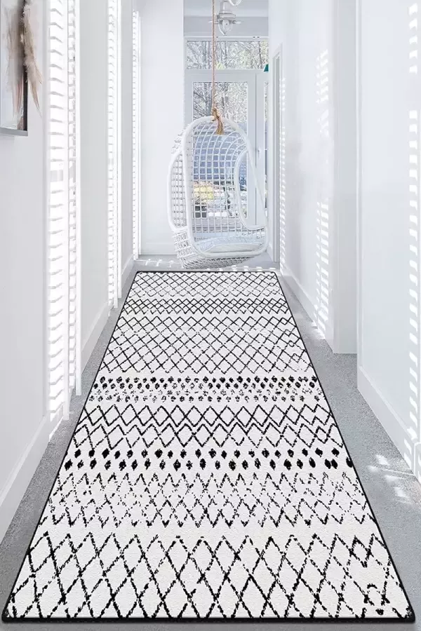 Woonkamertapijt laagpolig modern geometrisch antislip vloertapijt haltapijt gelloper zwart wit (Tejido 80 x 300 cm)