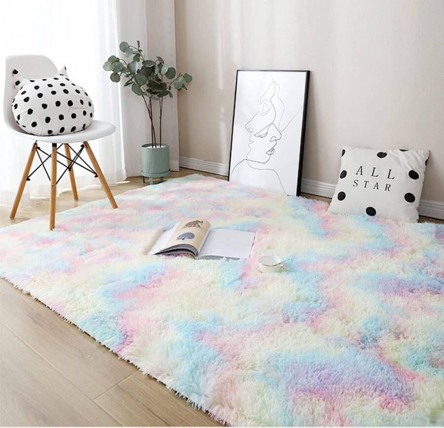 Woonkamertapijt super zacht wollig hoogpolig luxe antislip tapijt kindertapijt groot dik vloerkleed moderne woondecoratie voor slaap- en kinderkamer 80 x 160 cm regenboogkleuren