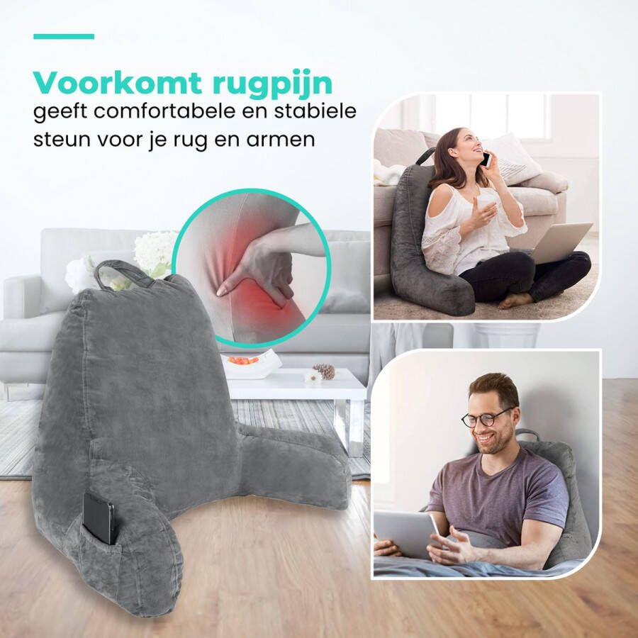 WorldWide products WorldWide s Leeskussen met Armsteunen Relax Kussen Memory Foam voor in Bed Fluweel Grijs
