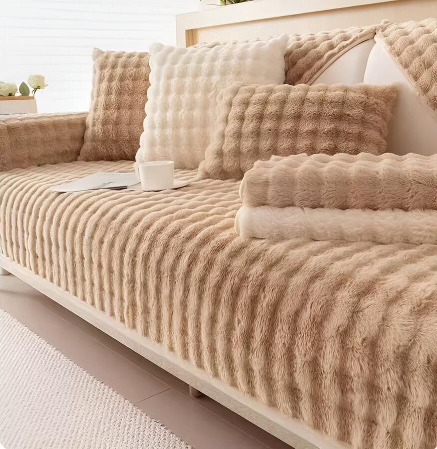 WoYoW Pluche Sofahoes Kunstbont Konijn Pluche Sofa Sliphoes Sofa Handdoek Bank Kussen Anti-Slip & Zacht Machinewasbaar Maat 90X120cm Donker kaki
