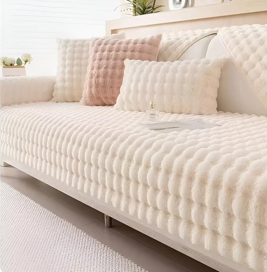 WoYoW Pluche Sofahoes Kunstbont Konijn Pluche Sofa Sliphoes Sofa Handdoek Bank Kussen Anti-Slip & Zacht Machinewasbaar Maat 110X210cm Wit