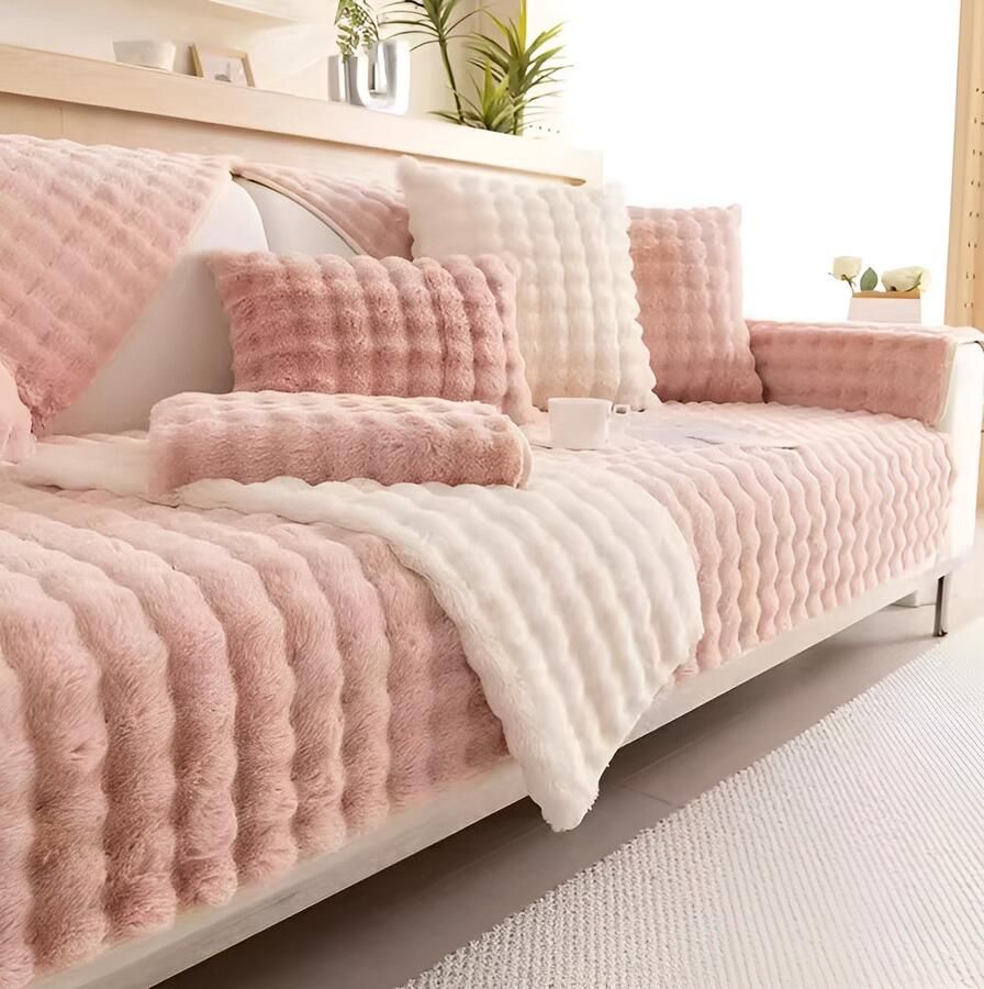 WoYoW Pluche Sofahoes Kunstbont Konijn Pluche Sofa Sliphoes Sofa Handdoek Bank Kussen Anti-Slip & Zacht Machinewasbaar Maat 90X280cm Roze