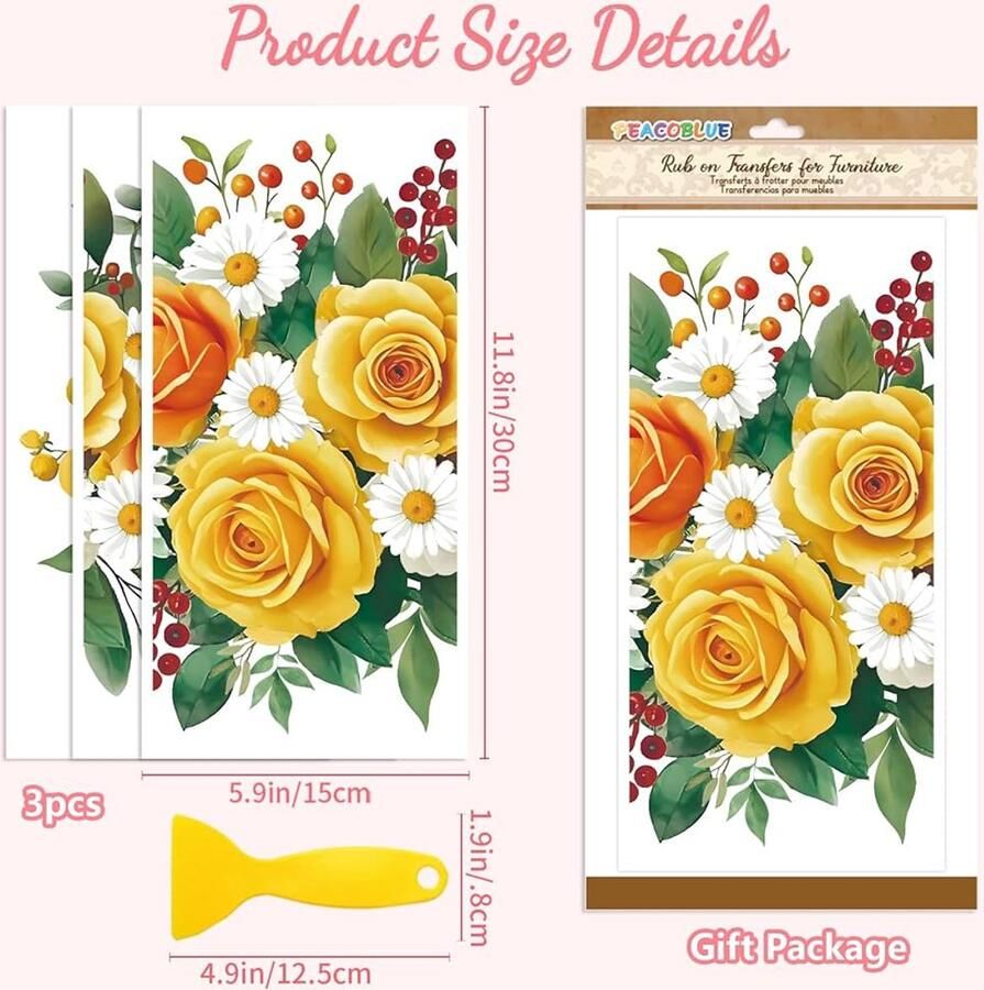 Wrijf op overdracht sticker voor meubels Gele Grote Bloem set van 3 PVC