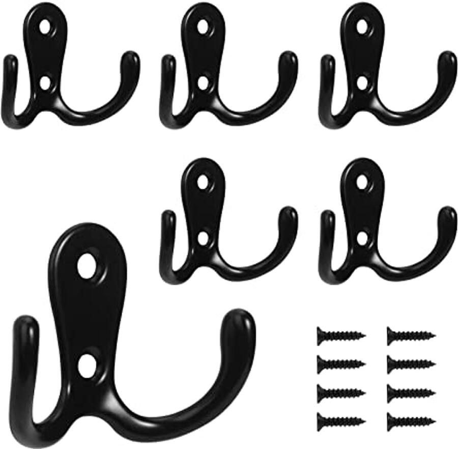 WUDQIJI kledinghaken vintage kapstokken 6 stuks dubbele wandhaken wandkapstokken retro haken zwanenhalshaken met 12 schroeven voor het ophangen van kleding jashoeden rugzak (zwart)