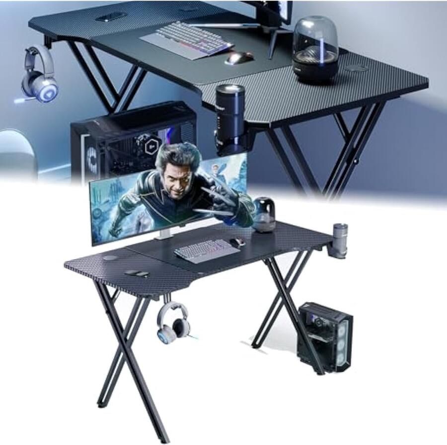X-Frame Gaming-bureau 160 x 60 cm ergonomisch pc-tafel met bekerhouder en hoofdtelefoonhaak gamingbureau met stofvezeloppervlak voor slaapkamer studeerkamer zwart