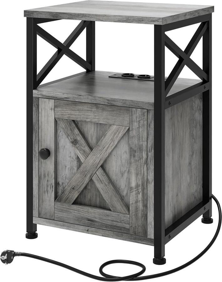 X-vormige bijzettafel met kast en laadstation 2 USB-poorten en stopcontacten Grijs metaal