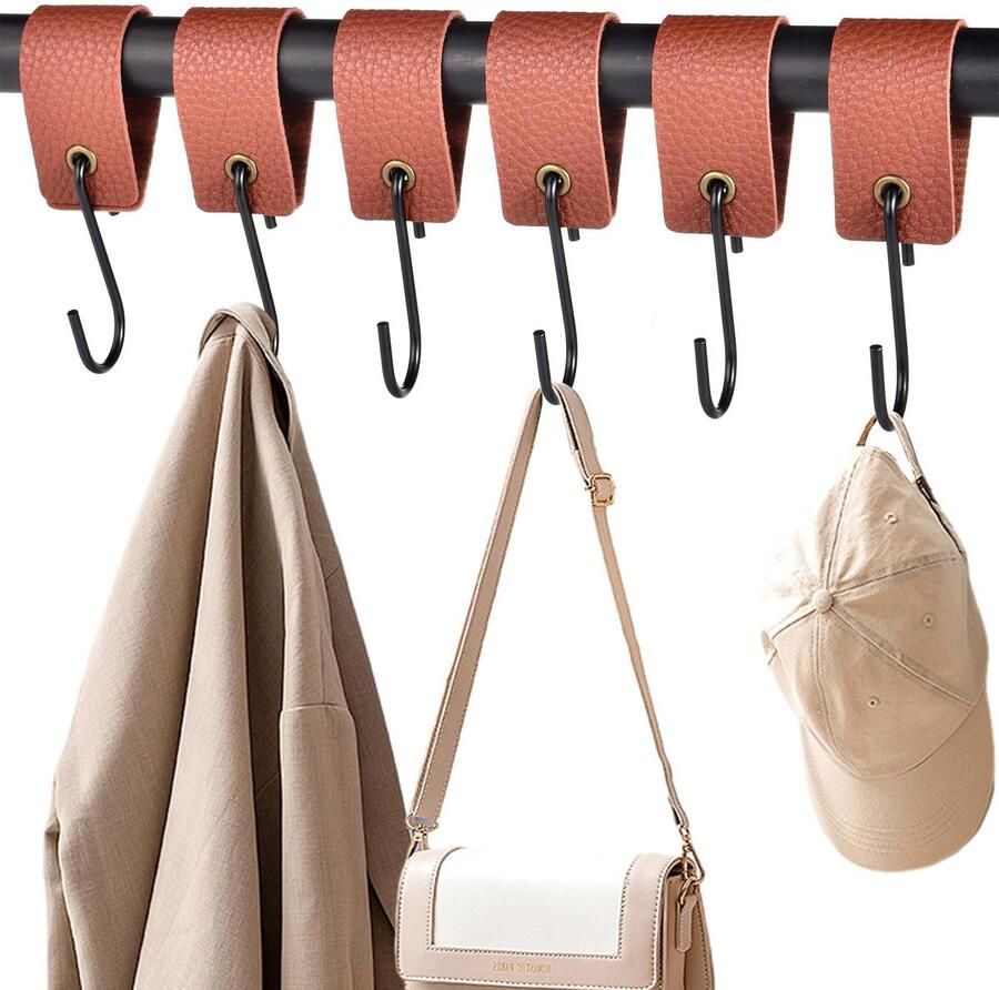 XHTXHT 6 stuks S-haken met leren lus bruine haken voor kledingroede haken garderobekast kapstok metalen haken voor garderobe keuken badkamer camping (bruin)