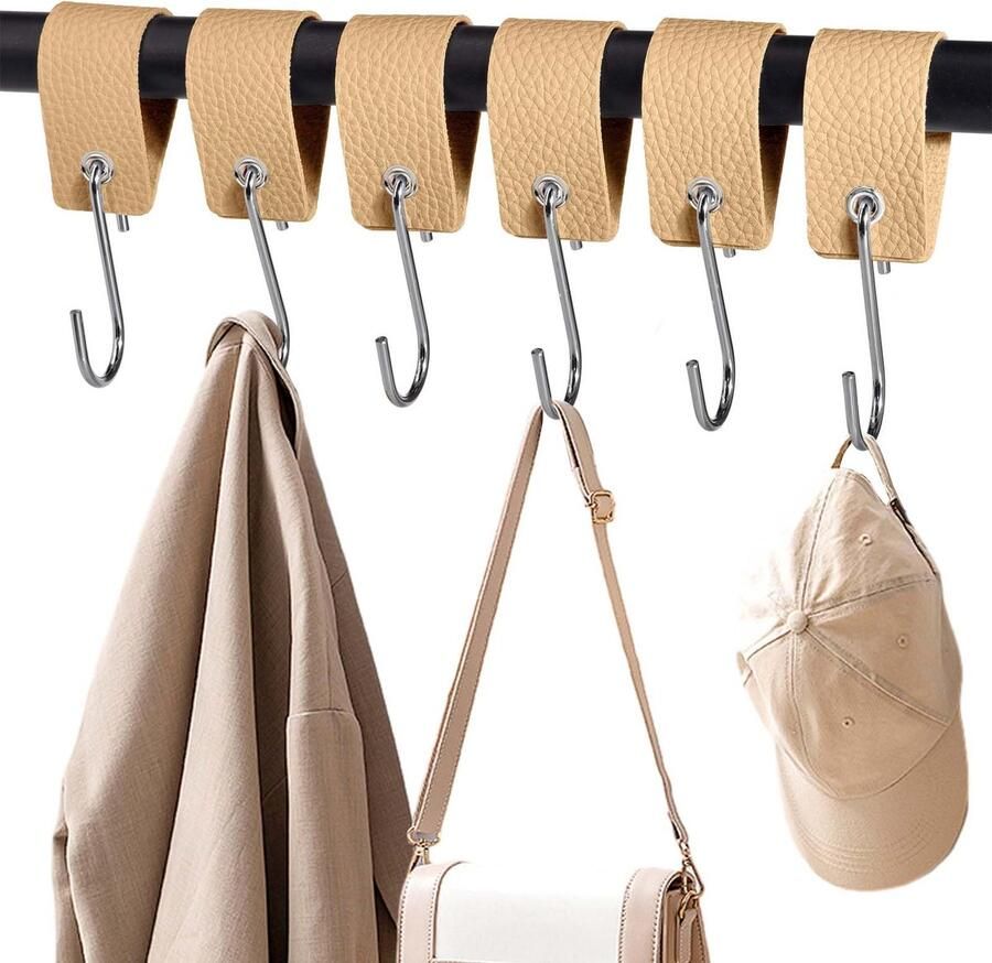 XHTXHT 6 stuks S-haken met leren lus haken voor kledingroede kledingkast jashaken roestvrij staal voor kledingkast keuken badkamer camping (abrikoos)