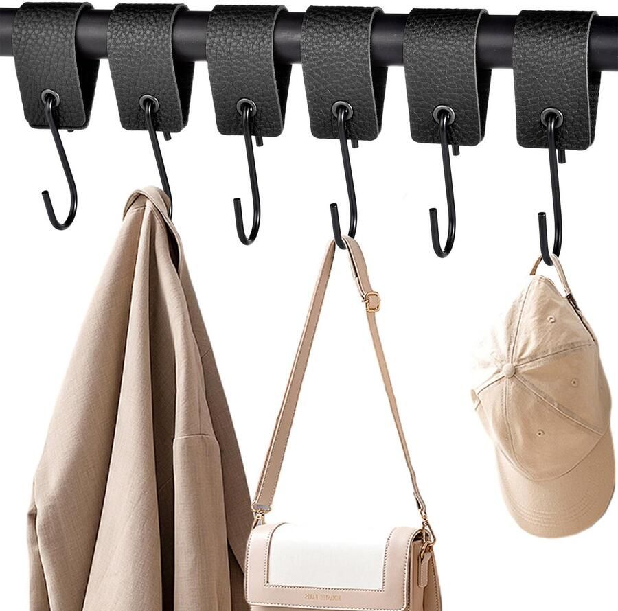 XHTXHT 6 stuks S-haken zwart met leren lus haken voor kledingroede haken garderobekast kledinghaken roestvrij staal voor garderobe keuken badkamer camping (zwart)