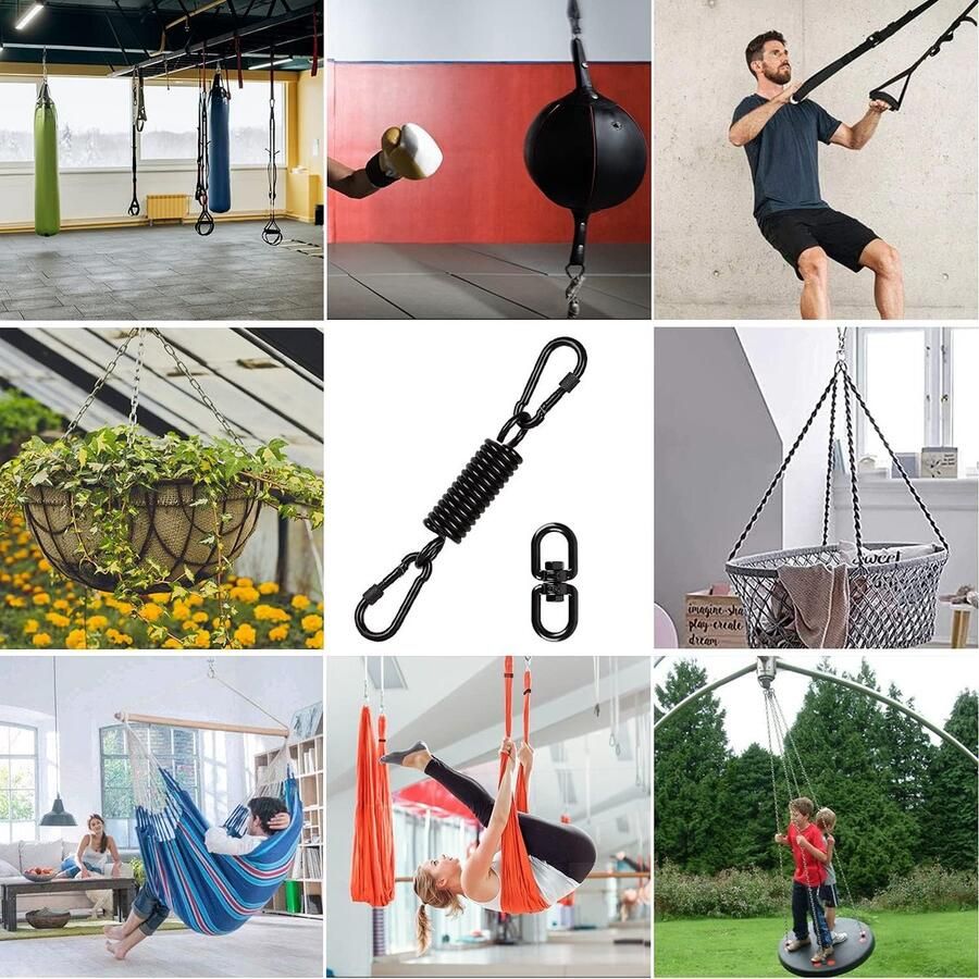 Xingsky Hangstoel met veer schommelveer voor hangstoel met 2 karabijnhaken en 360° draaibare haken karabijnhaak draagvermogen tot 250 kg voor hangstoel bokszakhouder hammock yoga. (zwart)