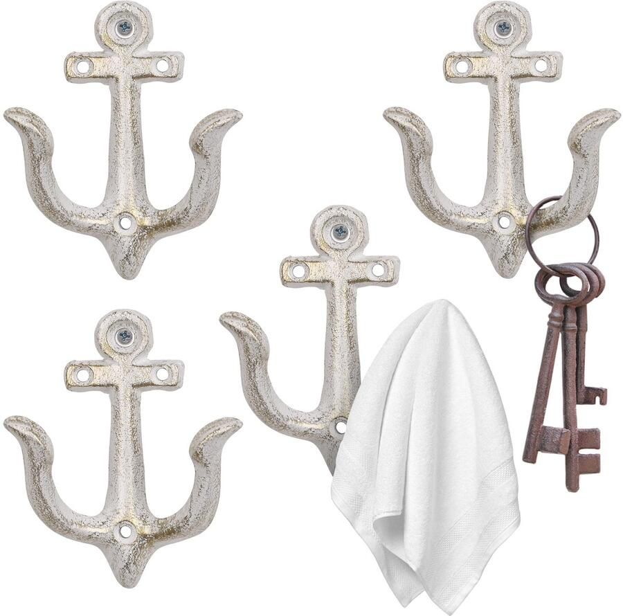 XINGYAN Vintage Rustieke Gietijzeren Nautische Zeeanker Ontwerp Wandhaak Thuis Kapstok Decoratieve Muurbevestigde Antieke Shabby Chic Metalen Badkamer Handdoek Kapstokhaak Hanger (Beige [4-pack])
