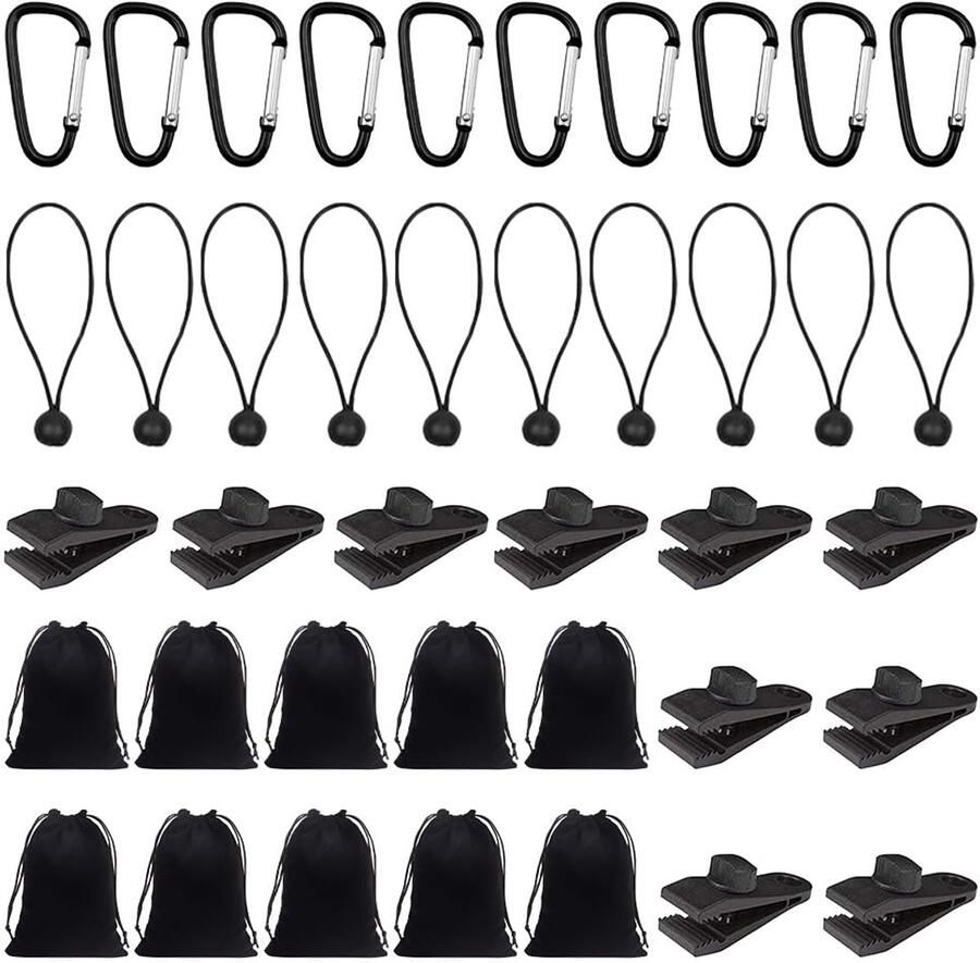 XJJAUGKLY Tafelkleedgewichten 10 set tafelkleedgewichten voor buiten draagbare gewichten voor een prieel inclusief 10 karabijnhaken 10 clips 10 gewichtszakken 20 x 25 cm 10 spanrubbers met bal