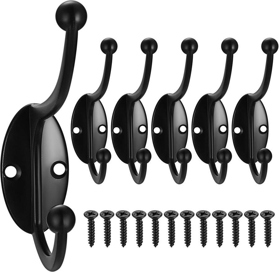 XKQYX 6 stuks kapstokhaken zwart kapstokhaken wandhaken voor jassen metalen haken om te schroeven zwaar uitgevoerd voor slaapkamer badkamer kledingkast deur wandkast