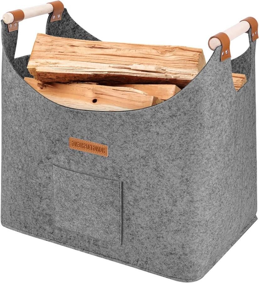 XL Brandhouten mand met extra dikke vilten en versterkte handgreep Opvouwbare houten mand vilten tas voor opslag Grijs