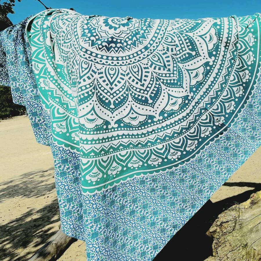 XL groot strandlaken Groen Blauw 200x210 Mandala dun textiel Ibiza Schaduwdoek