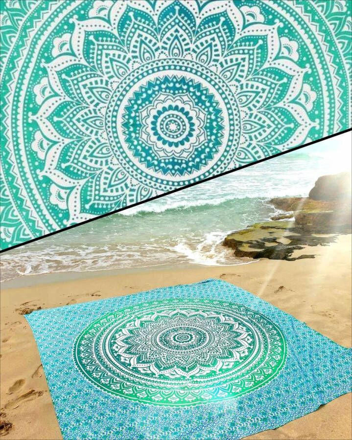 XL groot strandlaken Turquoise Groen Blauw Mandala dun textiel Ibiza Schaduwdoek Lindian style