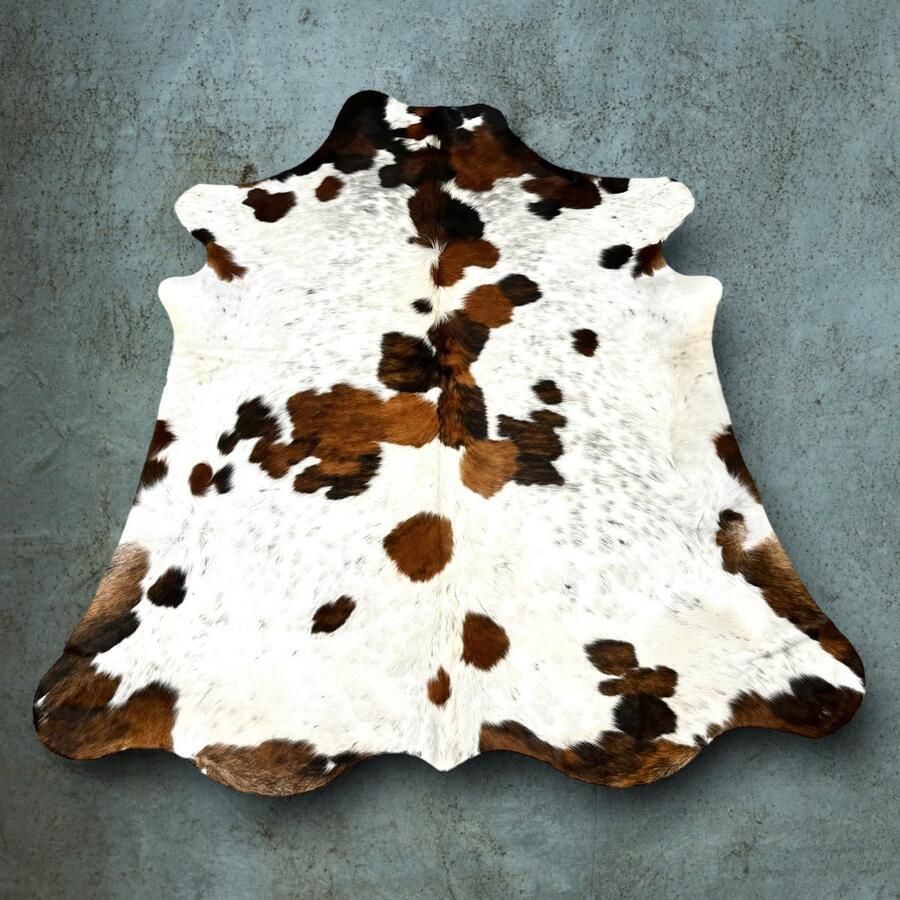 XL Koeienhuid vloerkleed industrieel Tri color koeienvel 230x200 Bruin wit zwart Normandische driekleur koeienvel T.402