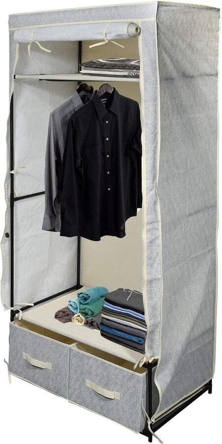 Stoffen kast kledingkast met 2 laden vouwkast campingkast stof 75 x 45 x 160 cm Ruime opbergmogelijkheden Kledingkast