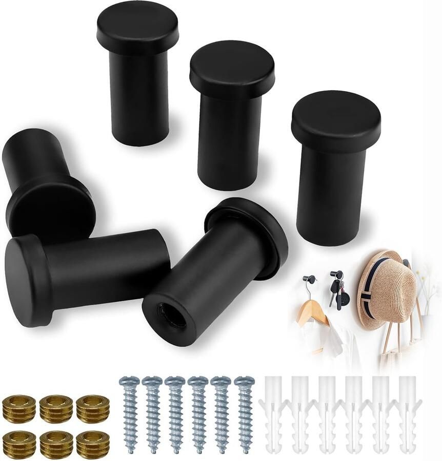 Xlwen RVS wandhaken kapstok 6 stuks kapstokhaken met schroeven kapstokhaken zwart mat gelakt 35 mm ronde kapstokhaken voor badkamer keuken slaapkamer inclusief accessoires!