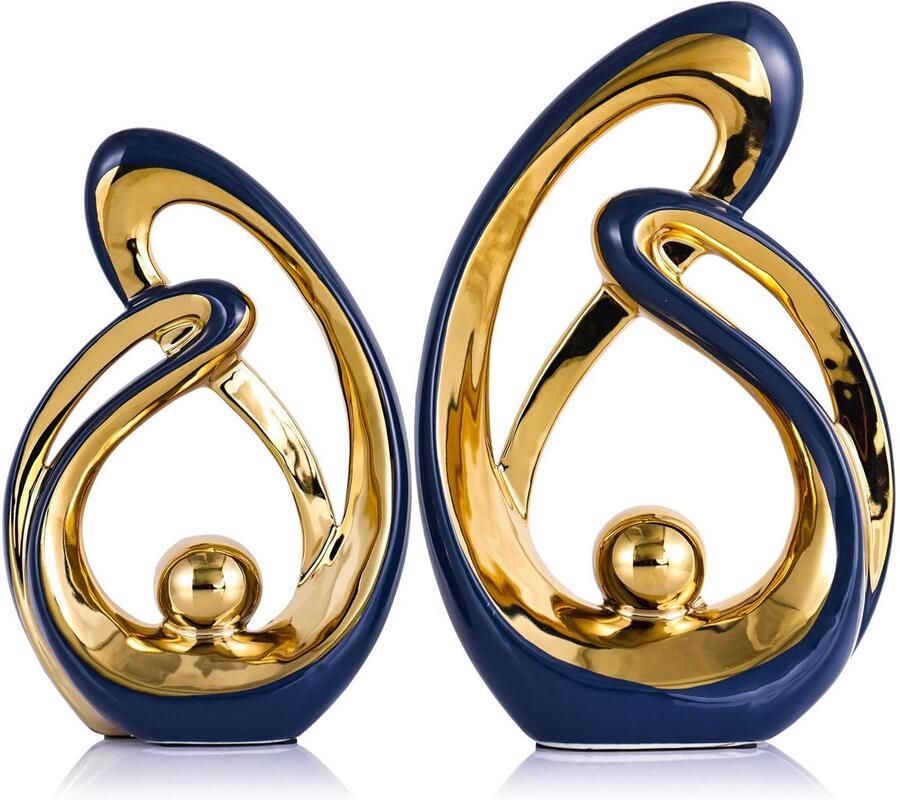 XMGZQ Set van 2 blauwgouden decoratieve moderne keramische beeldendecoraties voor de woonkamer minimalistische decoratieaccenten voor op de plank abstracte kunstsculptuurdecoratie voor eetkamer kantoor salontafel middelpunt