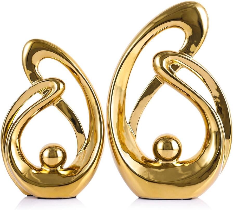 XMGZQ Set van 2 gouden decoratieve moderne keramische beeldendecoraties voor de woonkamer minimalistische decoratieaccenten voor op de plank abstracte kunstsculptuurdecoratie voor eetkamer kantoor salontafel middelpunt