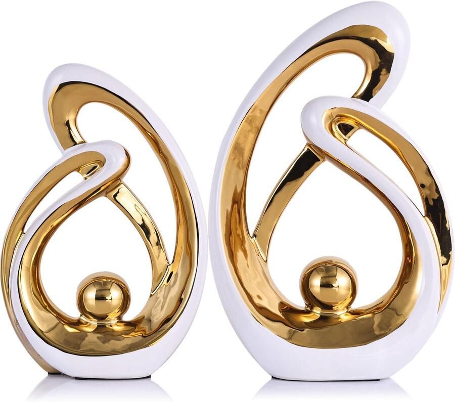XMGZQ Set van 2 witte gouden decoratieve moderne keramische beeldendecoraties voor de woonkamer minimalistische beeldenplankdecoratie-accenten abstracte kunstsculptuurdecoratie voor eetkamer kantoor salontafel middelpunt