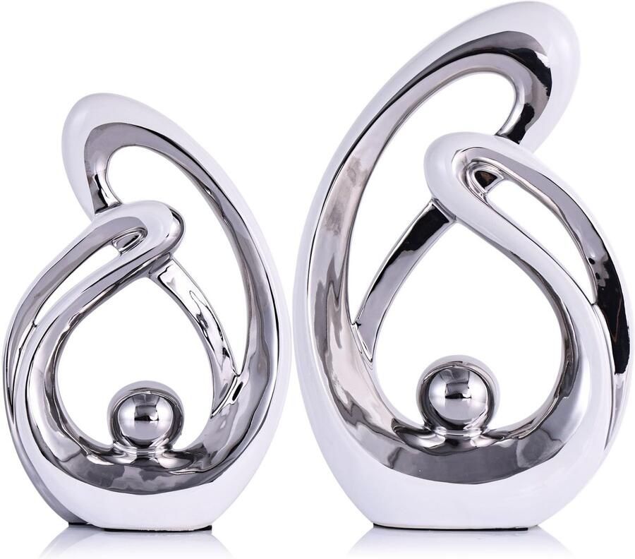 XMGZQ Set van 2 witte zilveren decoratieve moderne keramische beeldendecoraties voor de woonkamer minimalistische beeldenplankdecoratie-accenten abstracte kunstsculptuurdecoratie voor eetkamer kantoor salontafel middelpunt