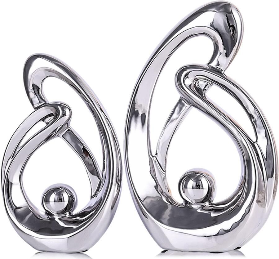 XMGZQ Set van 2 zilveren decoratieve moderne keramische beelddecoraties voor de woonkamer minimalistische beeldplankdecoratie-accenten abstracte kunstsculptuurdecoratie voor eetkamer kantoor salontafel middelpunt
