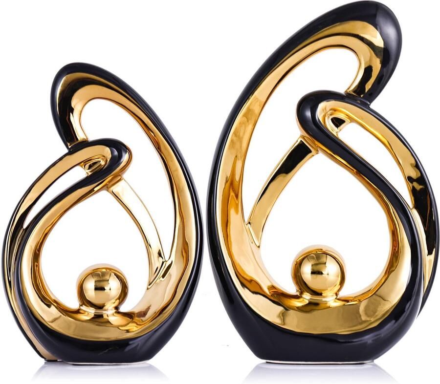 XMGZQ Set van 2 zwarte en gouden decoratieve moderne keramische beelddecoraties voor de woonkamer minimalistische beeldplankdecoratie-accenten abstracte kunstsculptuurdecoratie voor eetkamer kantoor salontafel middelpunt