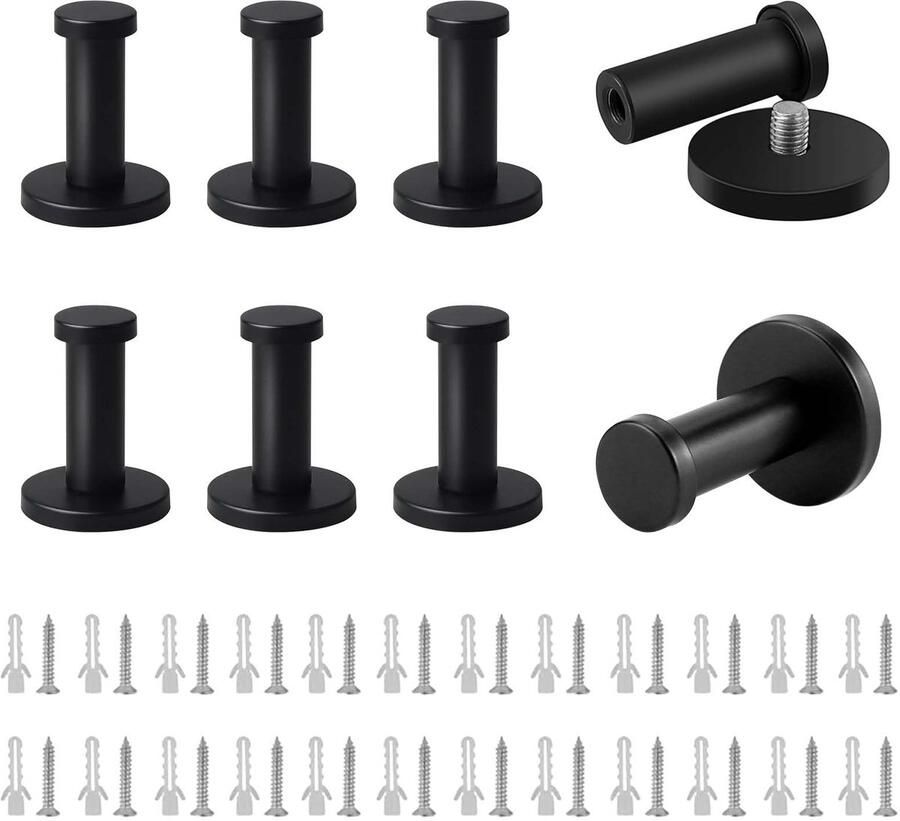 XQEUMC 8 stuks kapstokhaken zwart mat rond 55 mm kapstokhaken roestvrij staal enkele wandhaken om te schroeven voor slaapkamer badkamer kledingkast woonkamer
