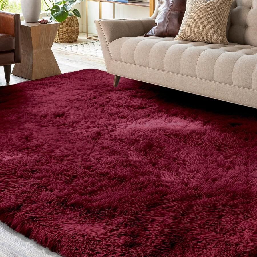 XSIVOD Fluffy hoogpolig tapijt wijnrood wasbaar tapijt 120x160 woonkamer antislip extra grote tapijten slaapkamer zachte moderne tapijten matten tapijten voor kinderkamers