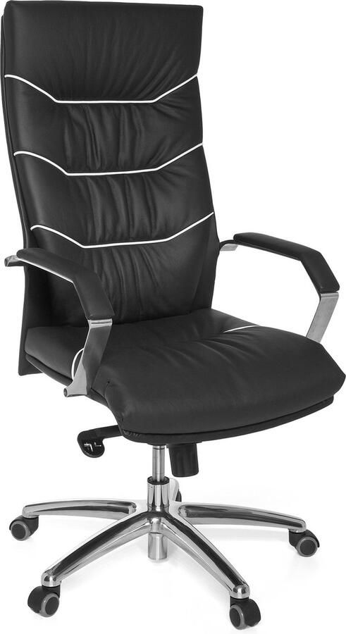 Rootz Living Rootz XXL Directiestoel Bureaustoel Ergonomische stoel Echt leer Lendensteun Chromen armleuningen Multiblock-mechaniek Anti-schokfunctie 120 kg laadvermogen 8 uur zittijd 60 cm x 55 cm x 118-126 cm