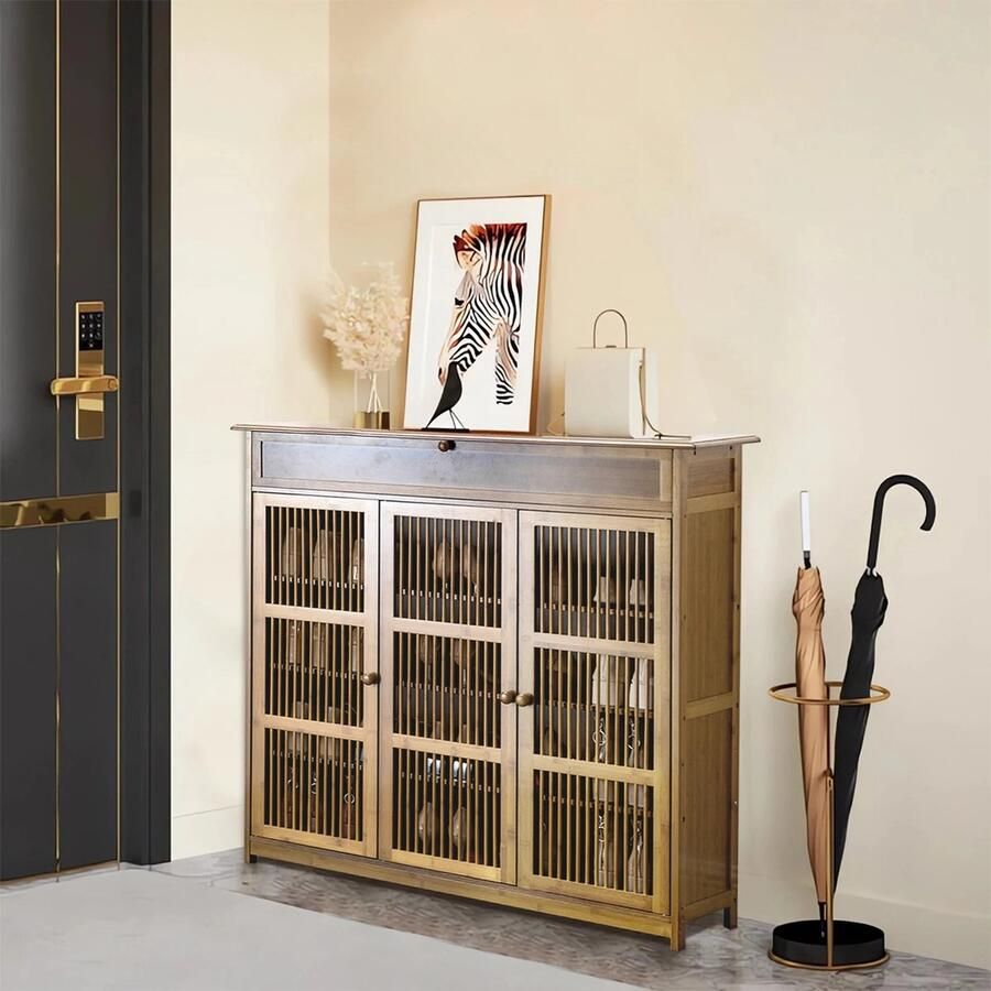 XXL Elegante Schoenenkast Uitstekende Combinatie Functionaliteit & Chique Stijl & 3 Geventileerde Deuren Goede Luchtcirculatie Schoenen Fris Blijft 4-Lagen Bamboe & Bovenoppervlak Decoratieve Items 93x32x98cm Prachtig Schoenrek- Entree Opbergkast MDF