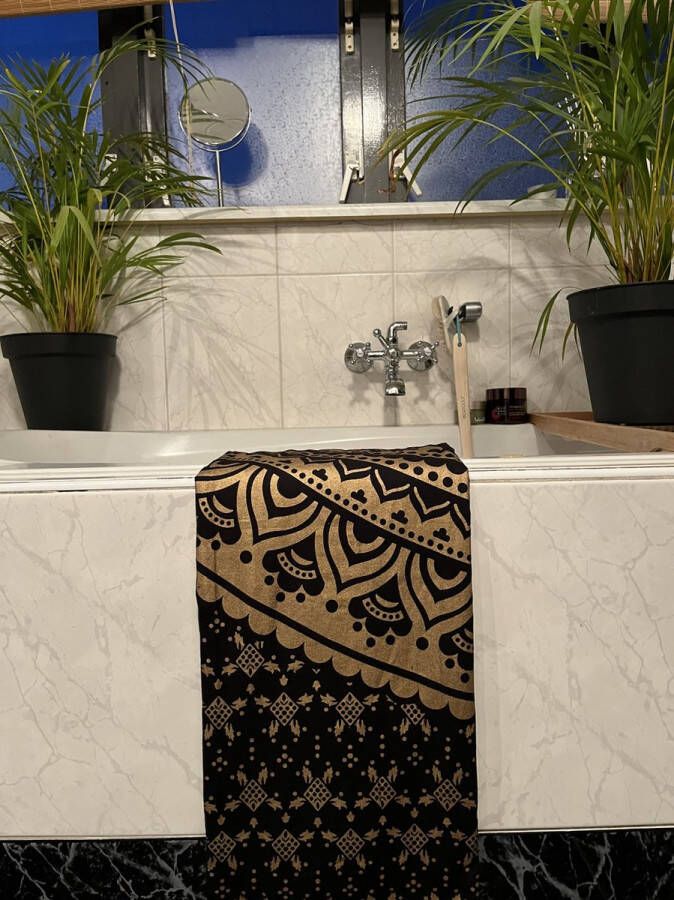 Ibiza laken Hamam doek Strandlaken bed overtrek schaduwdoek muur decoratie picknickkleed tafel kleed bankkleed 240 x 210 cm katoen XXL laken XXL Doek Mandala Zwart Goud - Foto 2