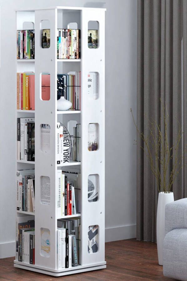 XXL Massief Houten Draaibare Boekenkast 360° Grote Capaciteit Boekenkast Boekenrek Boekenplanken Hoekplanken Hoekkast Hoek Opbergrek Opbergkast Opbergrek Organizer Wit