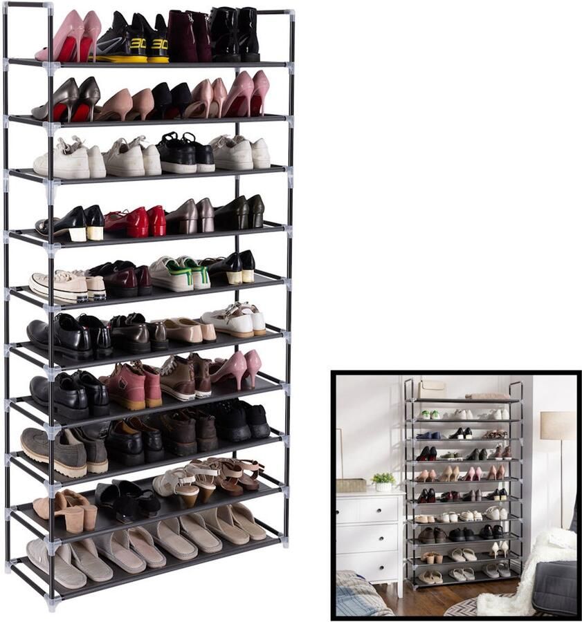 XXL Schoenenrek – Schoenenbank – Schoenenrek metaal – Schoenen opbergsysteem – Organizer voor schoenen – Opbergrek – Schoenenkast – Voor 50 paar schoenen – 10 etages Zwart