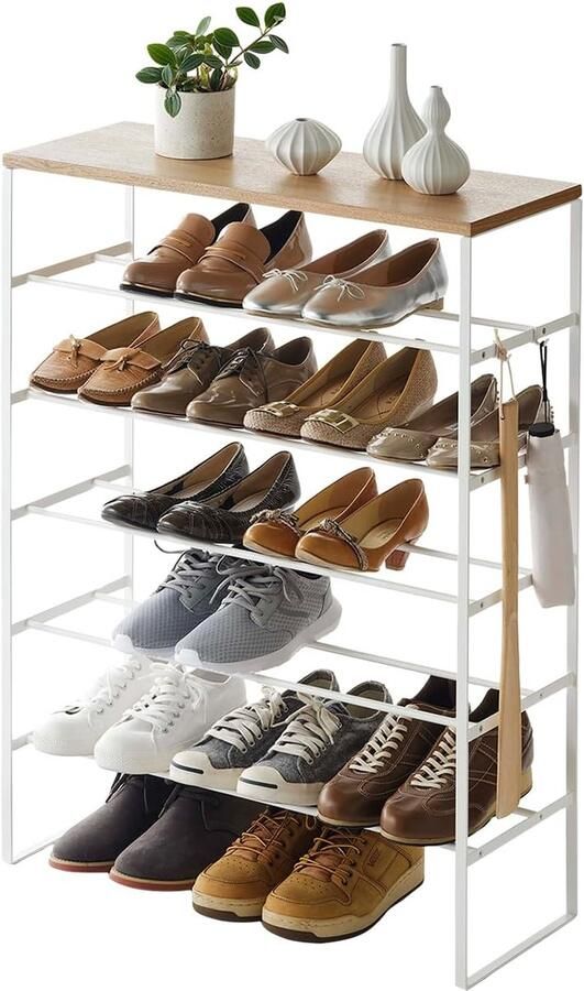 Yamazaki 3369 Tower Shoe Rack with 6 Levels White Steel Wood Minimalist Design 66 x 25 x 87 cm (L x W x H)