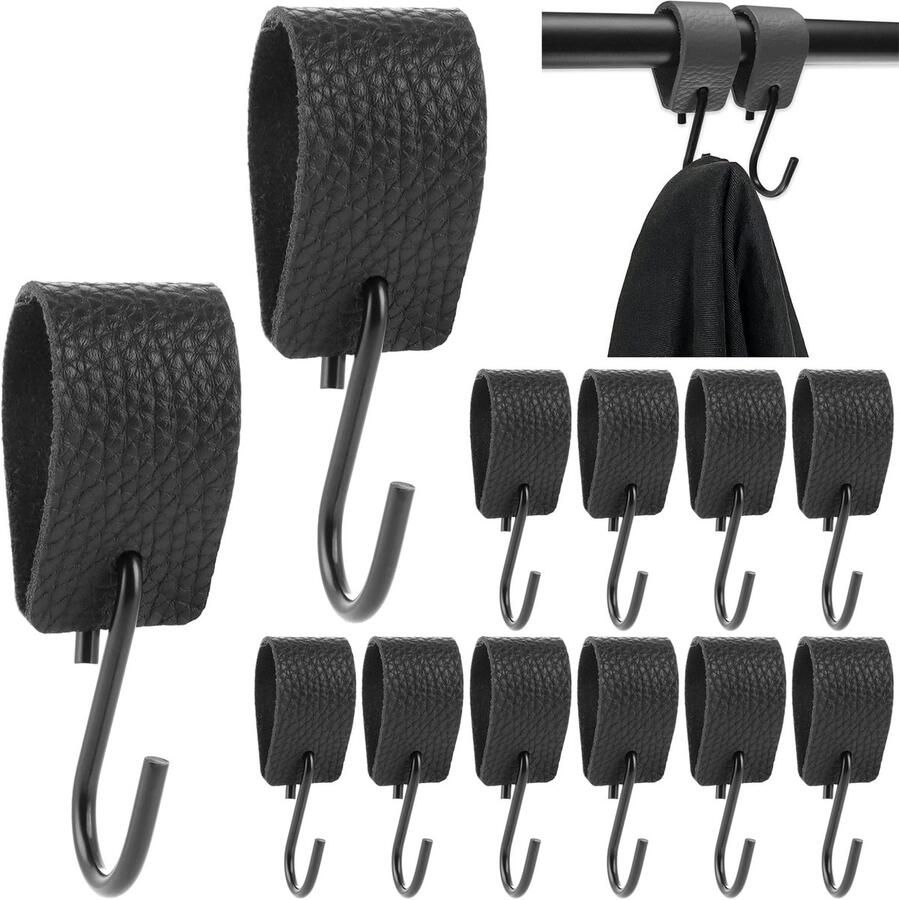 YAYODS 12 stuks S-haken zwart met leren lus 12 5 x 3 cm jashaken zwart gemaakt van hoogwaardige leren lus en staal leren haken jashaken om op te hangen aan kledingrekken