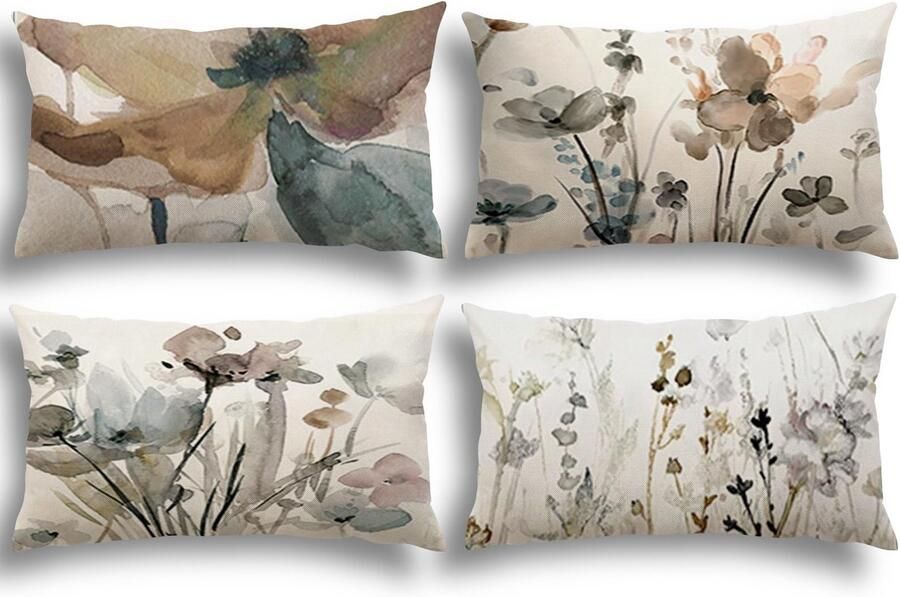 YCOLL Bloemenkussenhoes 30x50 Set van 4 Kussenhoezen Linnen Bankkussens Moderne Abstracte Bloemen Aquarel Schilderij Decoratieve Kussens voor Bank Slaapkamer Bank Buiten Kussenhoezen 30x50 A090
