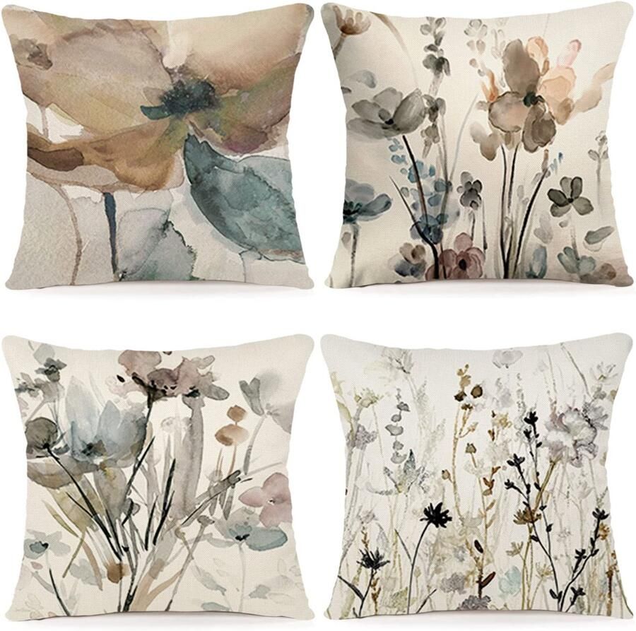 YCOLL Bloemenkussenhoes 45x45 Set van 4 Kussenhoezen Linnen Bankkussens Moderne Abstracte Bloemen Aquarel Schilderij Decoratieve Kussens voor Bank Slaapkamer Bank Buiten Kussenhoezen 45x45 A090